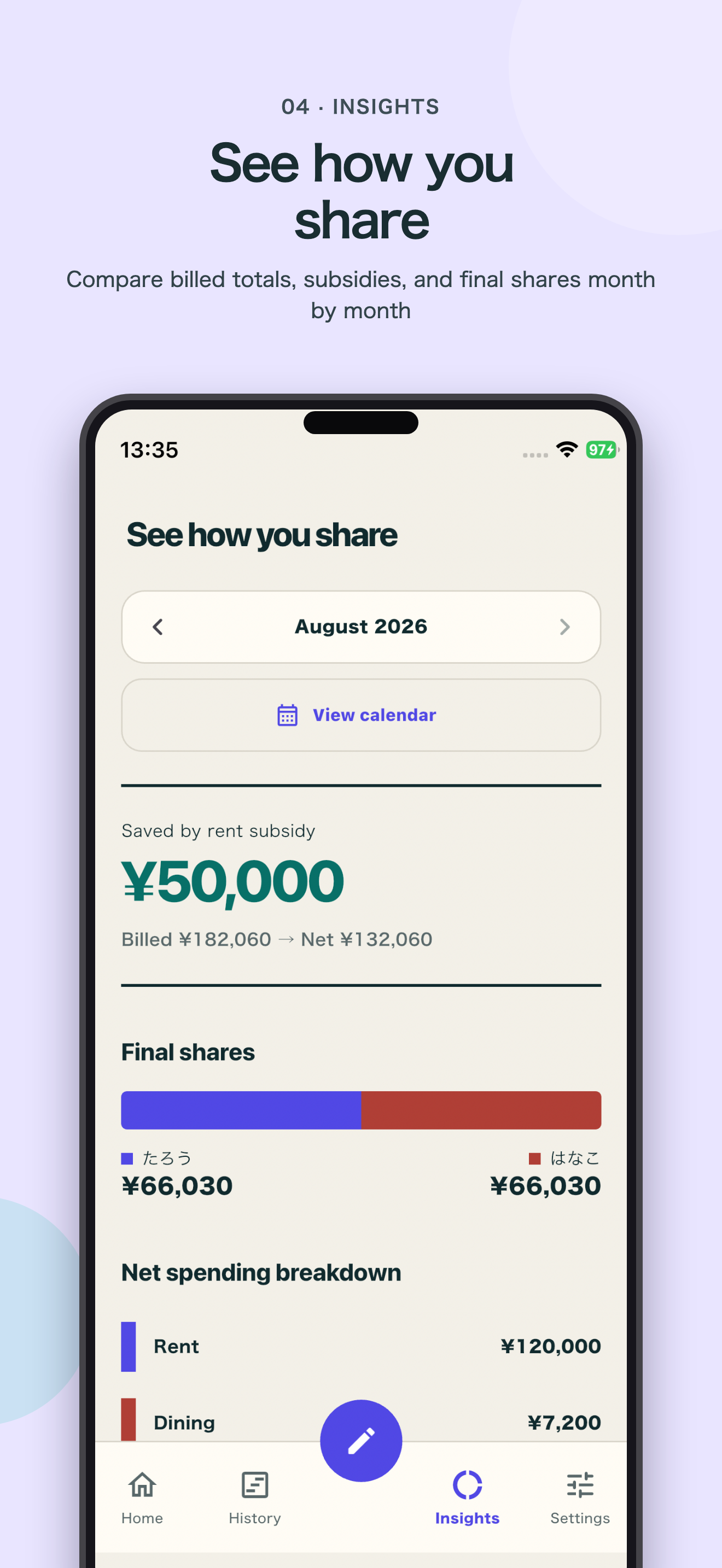 Insights screen comparing billed totals, subsidies, and final shares