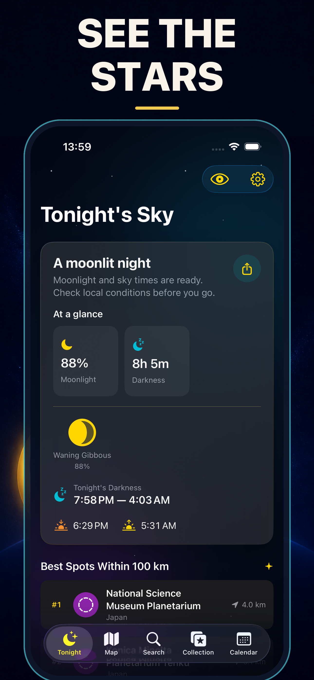 Tonight screen combining moonlight and hours of darkness