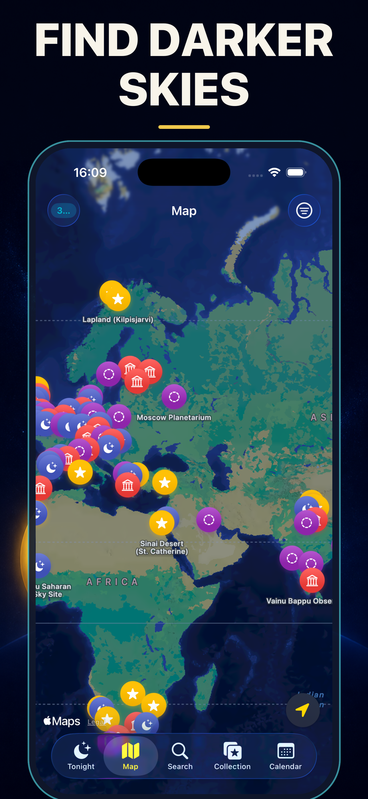 Map for discovering stargazing locations around the world