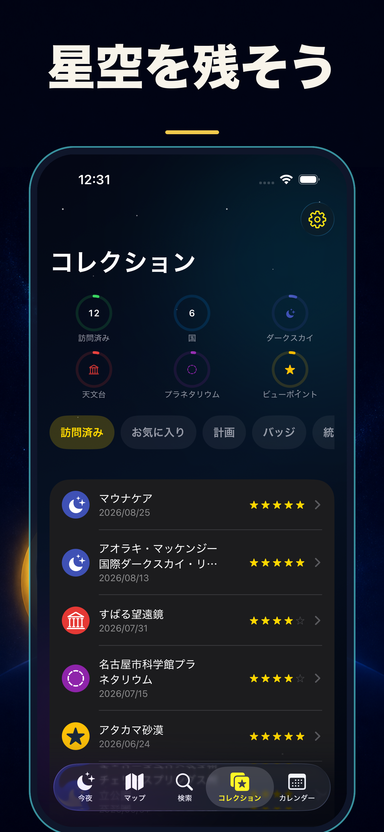 12件の訪問記録と6か国のコレクションを振り返る画面